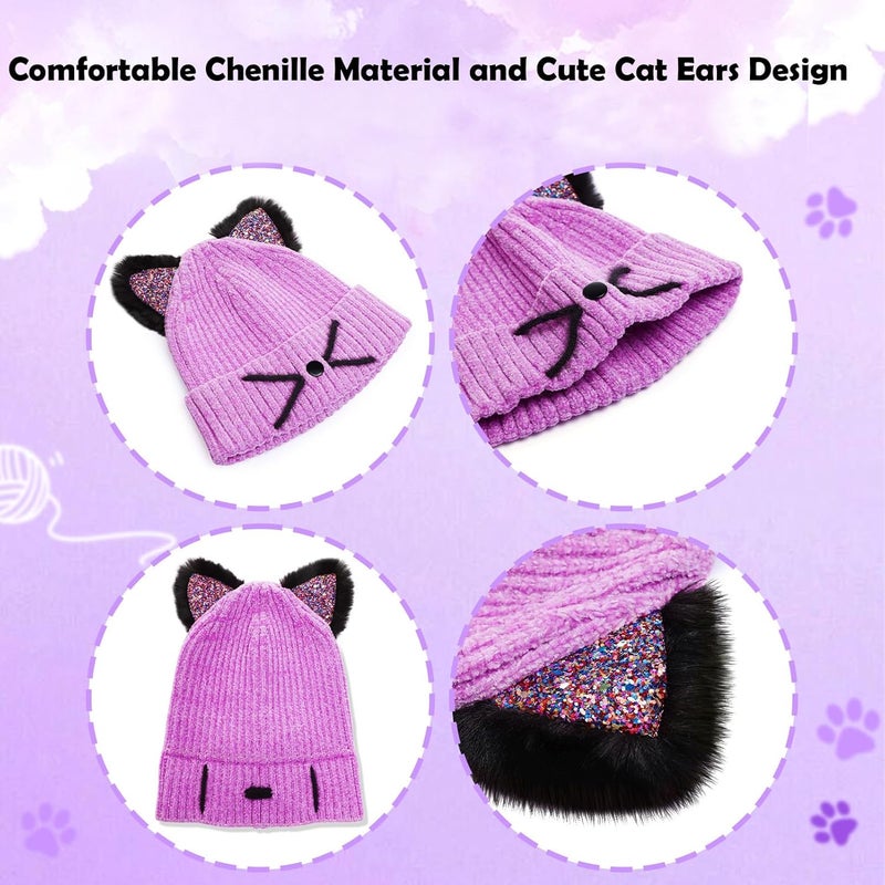 ACTLATI Little Girls Sequin Cat Ears Hats Cute Warm Knit Beanie Hat for Kids Winter Outdoor Snow Ski Skull Cap 3-8 Years - Image 5